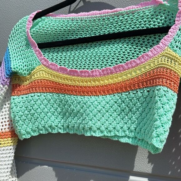 Colorful Crochet Crop Top - Long Sleeve Bell Sleeved Top - BRAND NEW Size Small - Picture 2 of 4